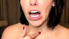 Busty curly brunette with big boobs fucks on couch