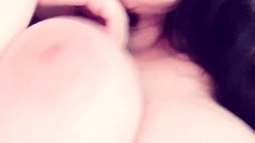 Busty curly brunette with big boobs fucks on couch