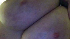 Busty curly brunette with big boobs fucks on couch