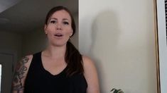 Busty curly brunette with big boobs fucks on couch